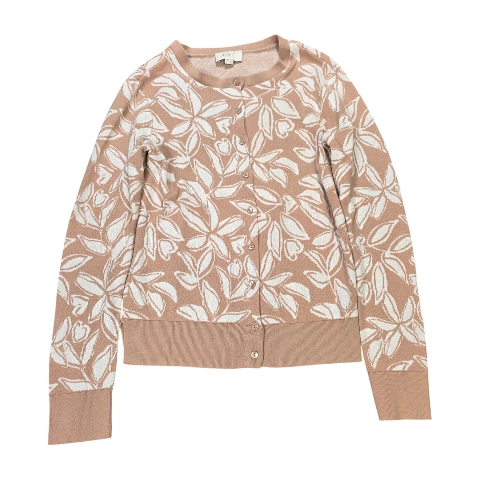 Loft Outlet Button Front Cardigan Women's Size XS Tan‎ White Floral Leaf Cotton